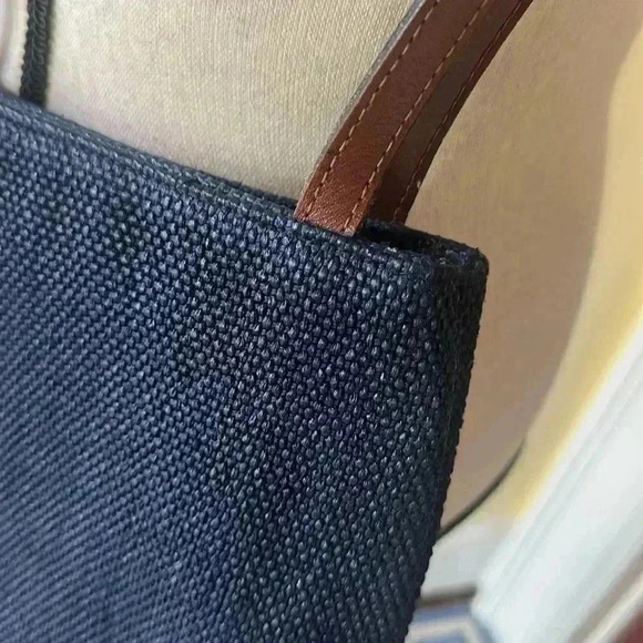 Unbranded | Navy Blue Canvas/Raffia Bag with Long Leather Straps, Made in Italy - Picture 3 of 8